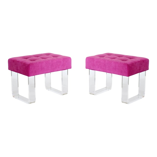Fuchsia Velvet Tops Acrylic Benches- a Pair For Sale