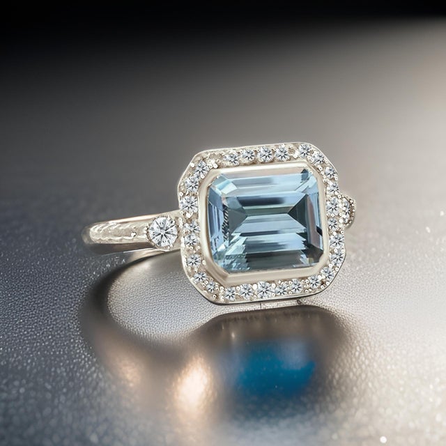 Natural Aquamarine Diamond Ring 6.5 14k White Gold 3.05 TCW Certified For Sale - Image 4 of 13
