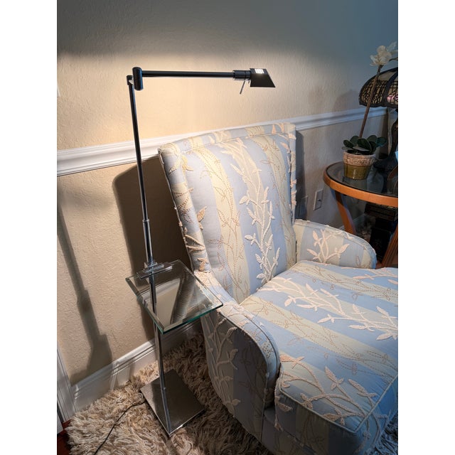 1970s Italian Postmodern Chrome & Glass Floor Swing Arm Adjustable Lamp With Pharmacy Shade and Relco Milano Dimmer For Sale - Image 10 of 12