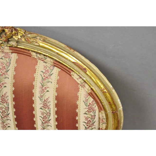 Beige Antique French Louis XV Style Gold Giltwood Pink Stripe Fauteuil Arm Chair, Pair For Sale - Image 8 of 18