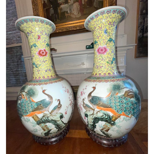 Chinese Pair of Large 23” Chinese Jingdezhen Famille Rose Porcelain Peacock Vases on Wood Stands For Sale - Image 3 of 14