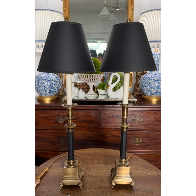 Metal Late 20th Century Classic Aged Brass and Black Candlestick Lamps With Paw Feet and Black Parchment Shades - Pair For Sale - Image 7 of 7