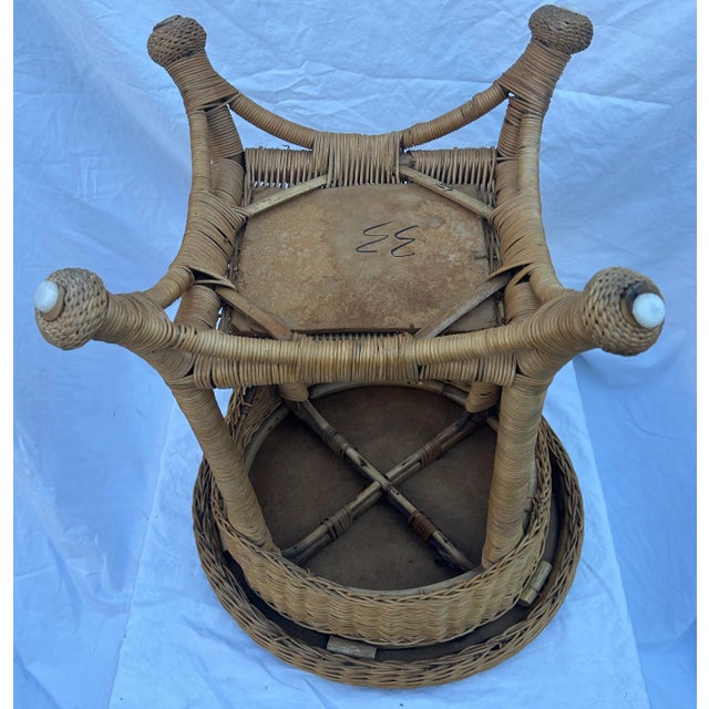 Late 20th Century Natural Rattan Wicker Victorian Two-Tier Side Table For Sale In Palm Springs - Image 6 of 11