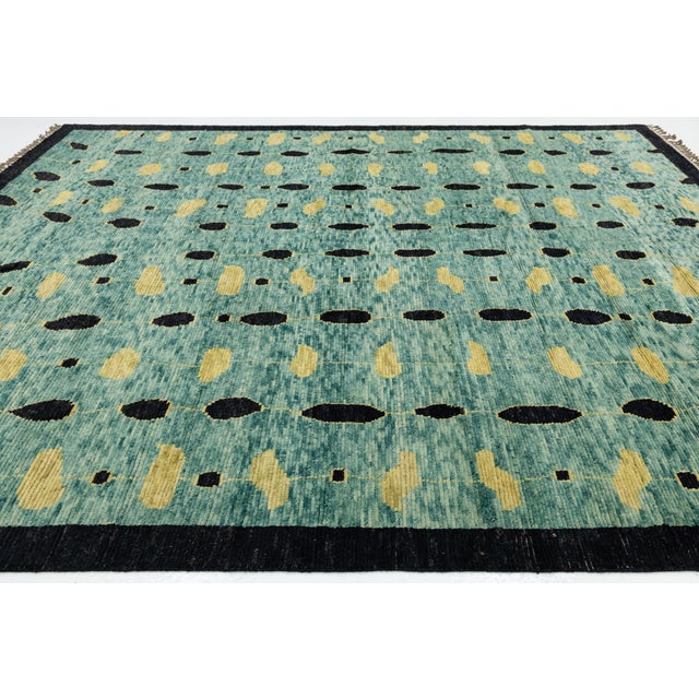 Textile Azure Rain Modern Abstract Teal & Gold Moroccan Style Wool Rug 10x14 For Sale - Image 7 of 12