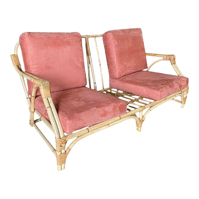 Mid-Century 2-Strand Transitional Arm 3-Seat Petite Rattan Sofa W/ Arched Base For Sale