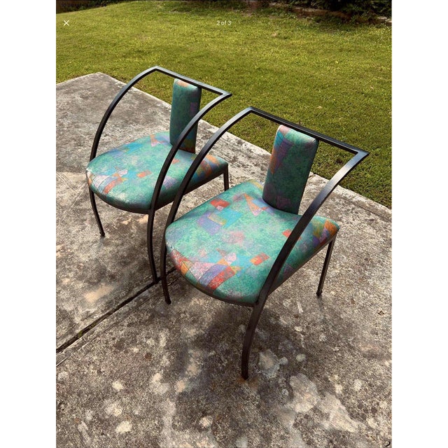 Vintage Postmodern Sculptural Chairs | Black Metal, Geometric Upholstery, Memphis Style For Sale In Atlanta - Image 6 of 6