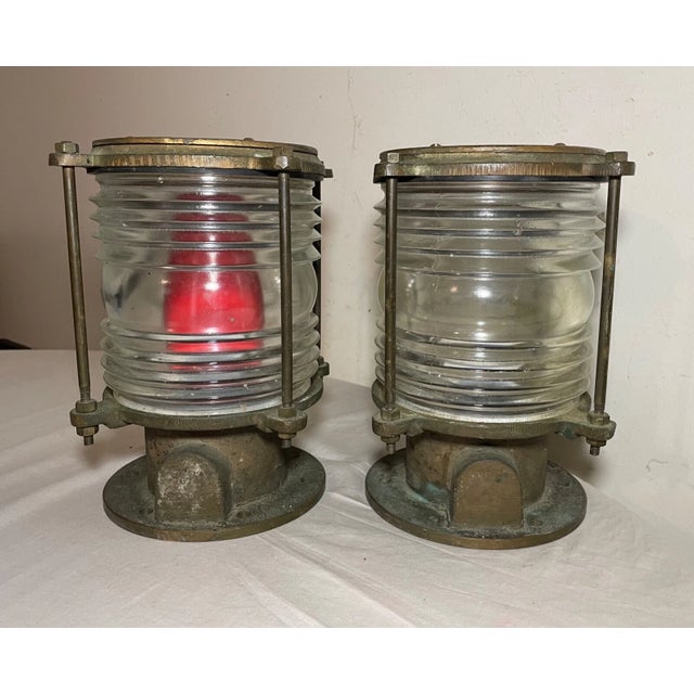 1920s Antique Oceanic Solid Brass Glass Nautical Navigational Ship Deck Lamps - a Pair For Sale - Image 5 of 12