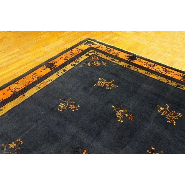 1920s Navy Blue Floral Art Antique Chinese Peking Rug 9'0" X 11'6" Knotted Wool Carpet For Sale In New York - Image 6 of 9