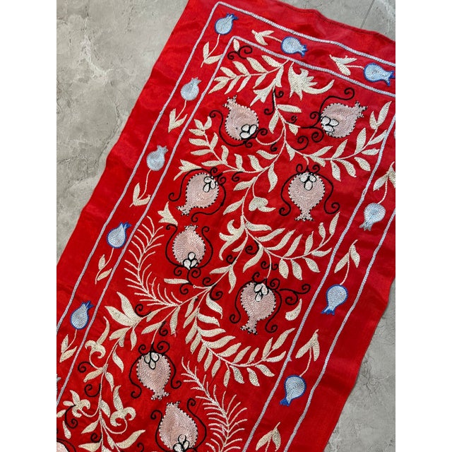 Red Silk Suzani Table Runner With Cream Vine Scrolls For Sale - Image 4 of 9