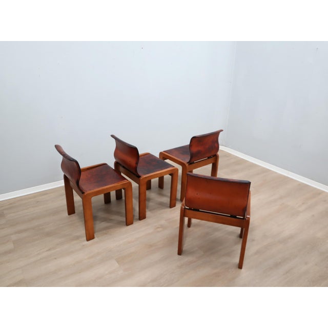Curved Wood & Leather Chairs from Afra & Tobia Scarpa, 1970s, Set of 4 For Sale - Image 11 of 18
