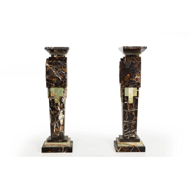 Art Deco Pair of Art Deco Style Marble & Onyx Pedestals Columns With Bronze Panels For Sale - Image 3 of 12