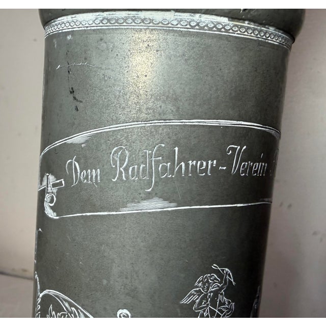 19th Century Large Antique Ornate German Cycling Trophy Award Pewter Lidded Stein Tankard For Sale - Image 10 of 18