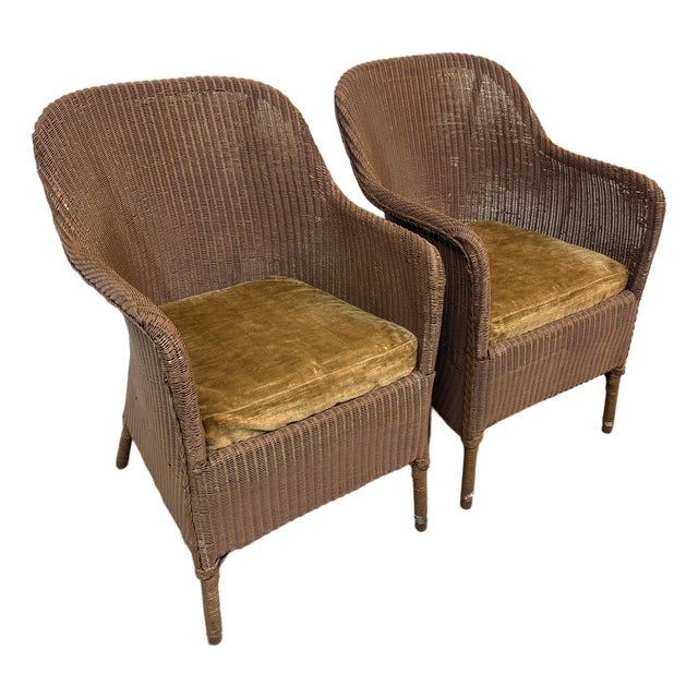 Rattan Bucket Lounge Chairs With Goldenrod Velvet Seat Pads, Pair For Sale