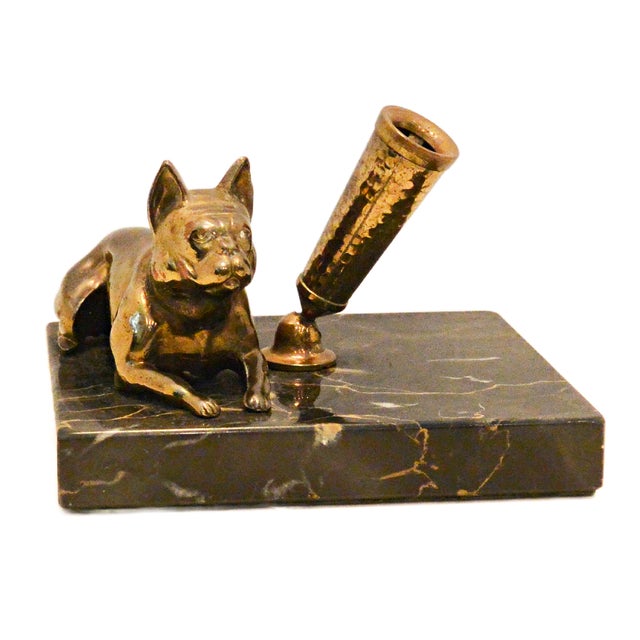 Mid-Century Modern Vintage Solid Brass French Bulldog Pen Stand on Italian Portoro Gold Marble Base For Sale - Image 3 of 8