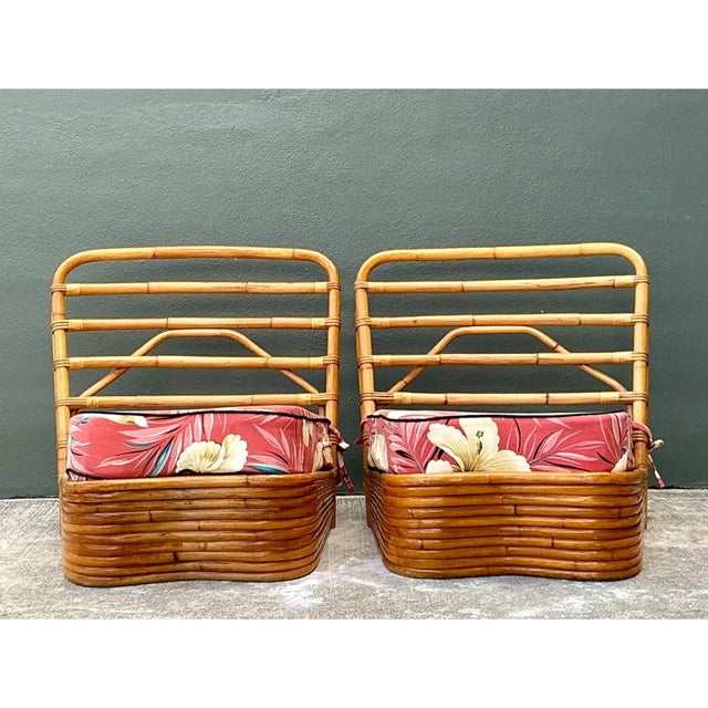 Mid 20th Century Vintage Stacked Wave Rattan Slipper Chairs After Paul Frankl For Sale - Image 5 of 13