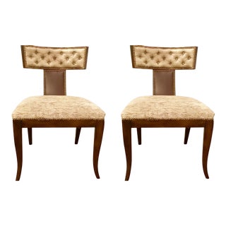 Kravet Athens Klismos Maple Chair With Chocolate Leather and Taupe Upholstery For Sale