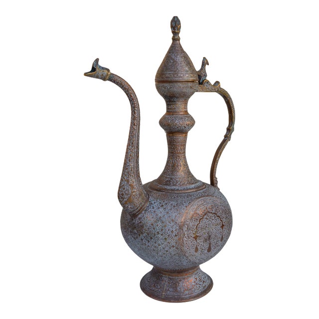 Antique Engraved Copper Pitcher For Sale
