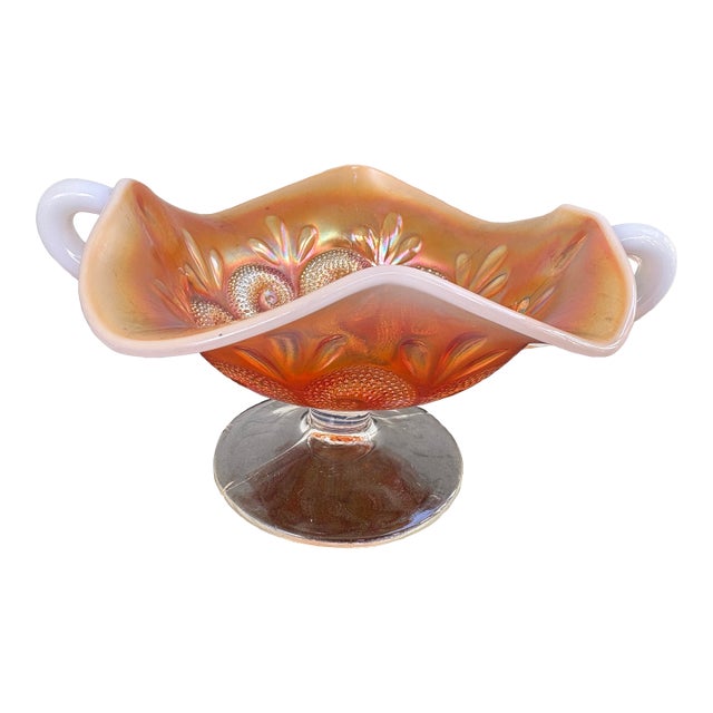 Antique Dugan Carnival Glass Peach Opalescent “Octopus & Shell” Two-Handled Compote, c.1910 For Sale