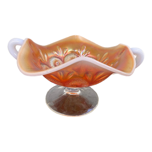 Antique Dugan Carnival Glass Peach Opalescent “Octopus & Shell” Two-Handled Compote, c.1910