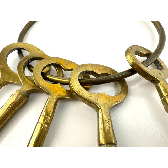 Vintage Brass Skeleton Key Ring – Set of Five Decorative Keys For Sale - Image 4 of 9