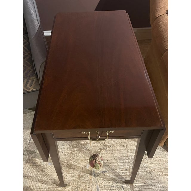 Chestnut 1990s The Kindel Drop-Leaf Mahogany Side Table Features a Drawer, Brass Caster Feet, and a Functioning Lock. With Two Leaves For Sale - Image 8 of 11