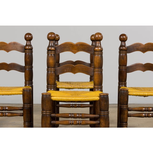 Set of Six French Modernist Dining Chairs, Oak & Rush, 1960 For Sale - Image 4 of 18