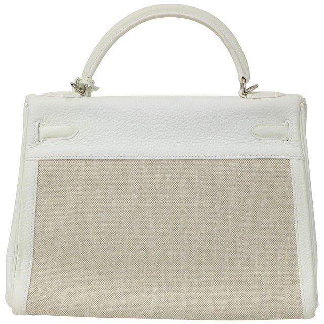 Hermès Kelly 32 Blanc Toile and Togo Palladium Hardware 2005 For Sale In New York - Image 6 of 8