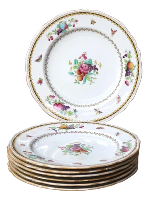 Set of Seven Antique English Copeland Floral Hand Painted & Gilt Porcelain Plates Circa 1890