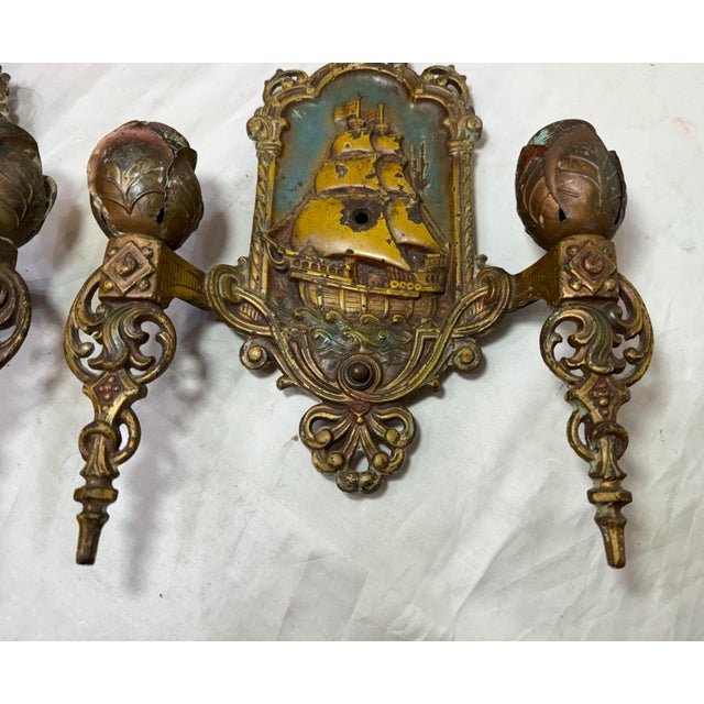 Antique Lincoln Spanish Galleon Electric Wall Sconces Fixtures Ship - a Pair For Sale - Image 10 of 11