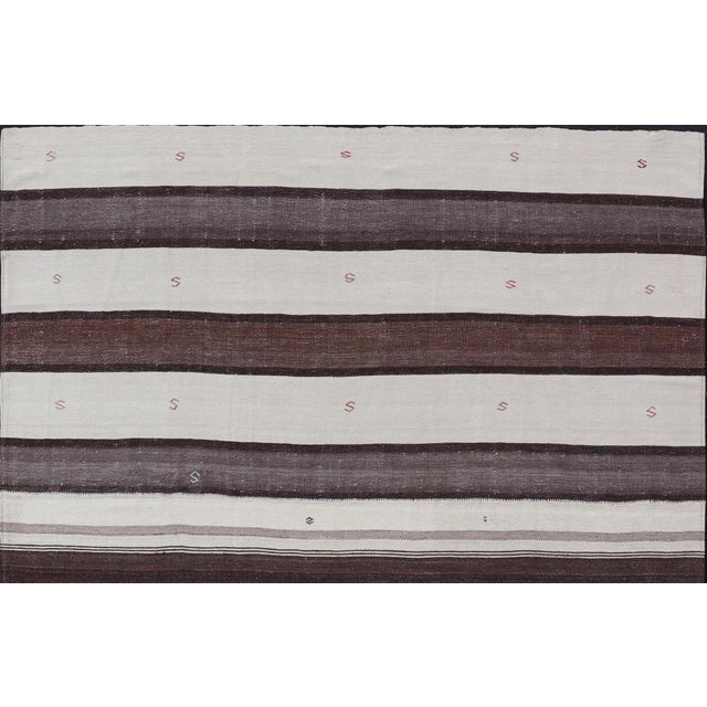 Textile Striped Turkish Vintage Kilim Flat-Weave Rug in Brown, Mocha, and Ivory For Sale - Image 7 of 10