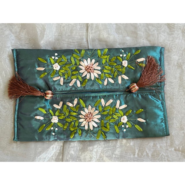 Vintage Ribbon Embroidered Satin Tissue Box Cover For Sale - Image 4 of 12