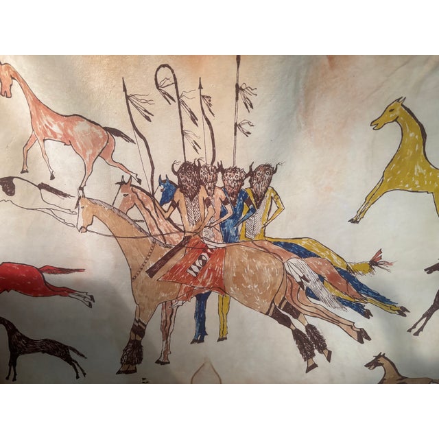 An exceptional, authentic contemporary Plains Indian multimedia hide painting titled "Lakota Horse Dance" by celebrated...