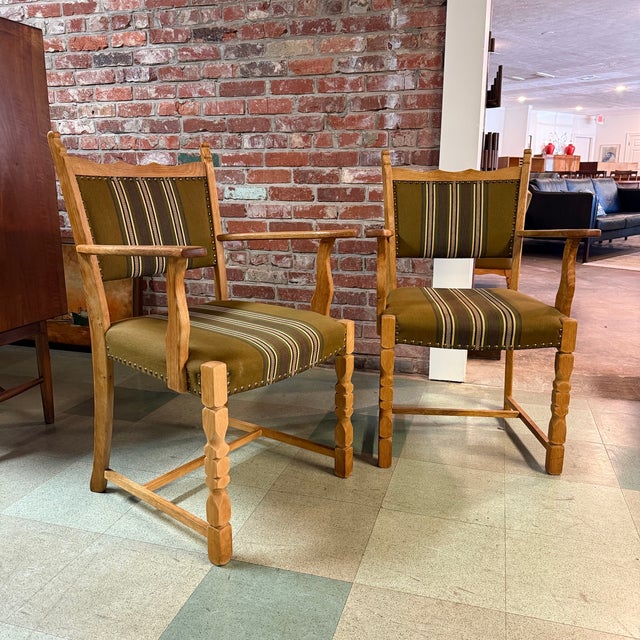 Vintage 1960s mid-century Danish carver chairs in hand-carved and turned quarter-sawn white oak attributed to designer and...