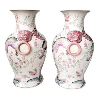 Large Vintage Hand-Painted Pink Foo Dogs on Chinese Porcelain Vases With Butterflies and Flowers - a Pair - Signed and Labeled For Sale