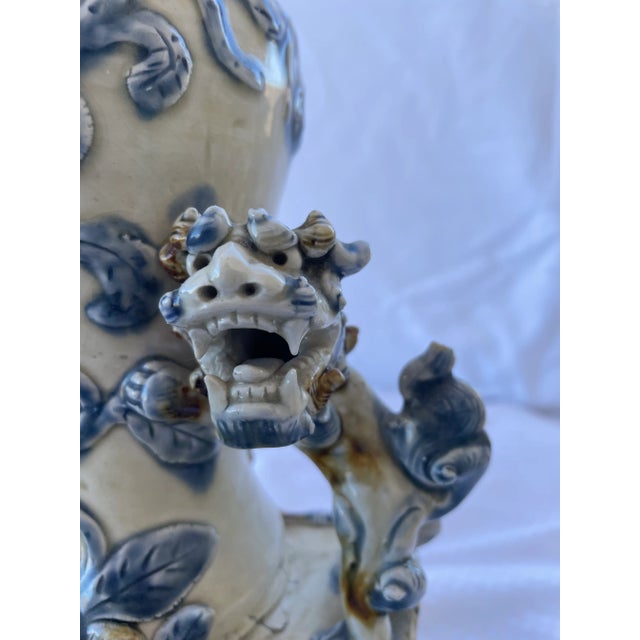 Mid 20th Century Mid 20th Century Blue and White Asian Foo Dogs Ceramic Vase For Sale - Image 5 of 13