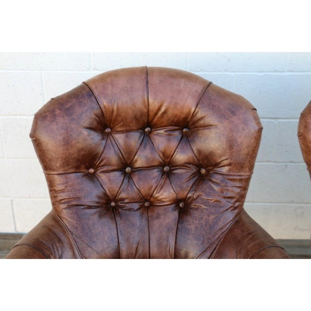 Pair of Vintage 1980s Distressed Brown Leather Tufted Library Armchairs For Sale - Image 9 of 18
