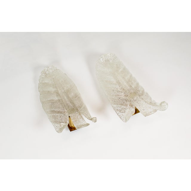 Large pair of leaf-shaped wall lamps by Barovier & Toso. Manufactured in Italy during the 1960s. Exceptionally large pair...