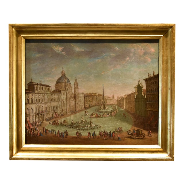 After Giovanni Giacomo Van Lint, View of Rome with Piazza Navona Landscape, 1770, Oil on Canvas, Framed For Sale
