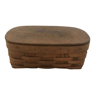 Antique Oval Basket With Attached Wooden Lid For Sale