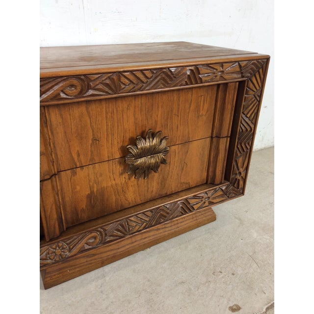 Brown Mid Century Modern Two Drawer Nightstand With Unique Brass Hardware For Sale - Image 8 of 16