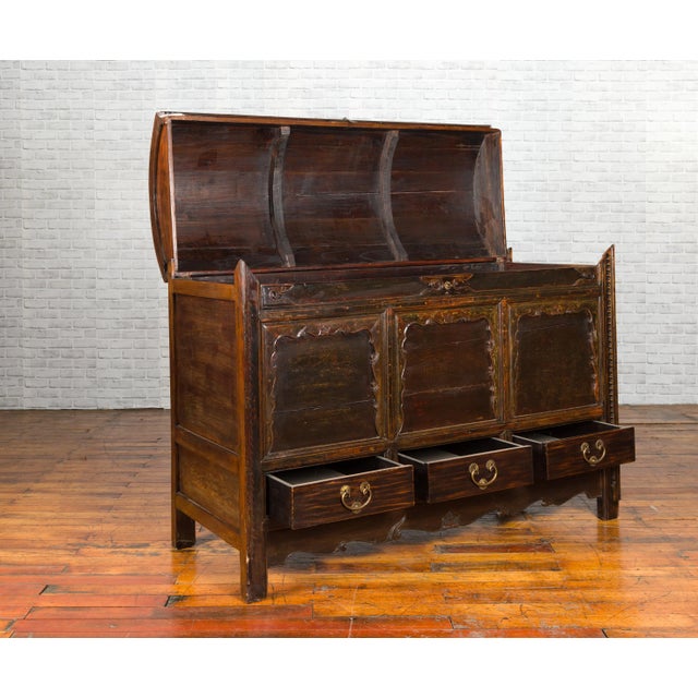 Early 20th Century Chinese Antique Large Dowry Chest with Arching Lid, Carved Panels and Drawers For Sale - Image 5 of 13