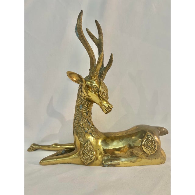 English Vintage Cast Brass Reclining Stag For Sale - Image 3 of 12