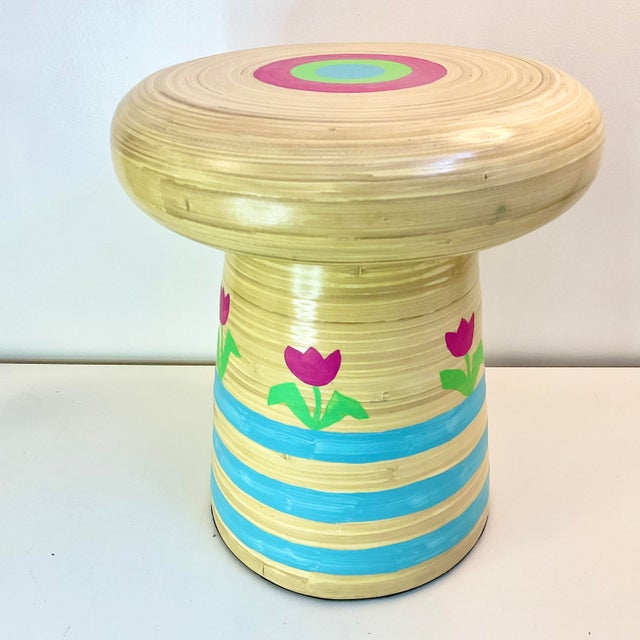 Wood Vintage Boho Chic Bamboo Mushroom Garden Stool-Drinks Table - Hand Painted, Signed Jen Lee. For Sale - Image 7 of 10
