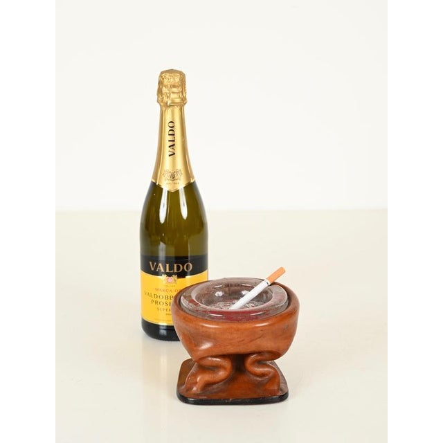 Sculptural Curved Leather and Crystal Ashtray by Jacques Adnet, Italy, 1950s For Sale - Image 3 of 13