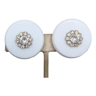Vintage 1960s Signed Castlecliff Round White Resin With Clear Rhinestone Clip Earrings-2 Pieces For Sale
