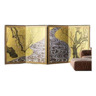 Made-to-Order Japanese Two-Panel Folding Screen “Red & White Plum Blossoms” Inspired by Ogata Kōrin | Hand-Applied Kanazawa Gold & Silver Leaf For Sale