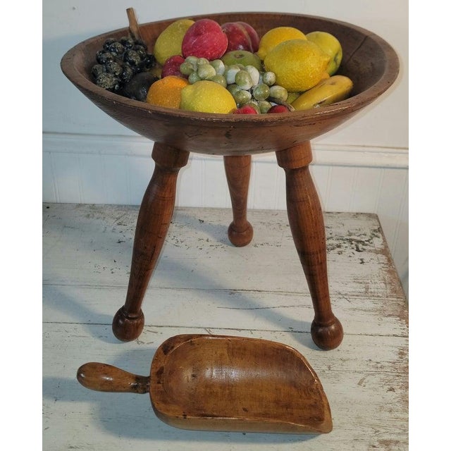 20thc Alabaster fruit included with a19th century butter bowl on legs. 1 standing wooden bowl 1 hand carved wooden spoon 8...