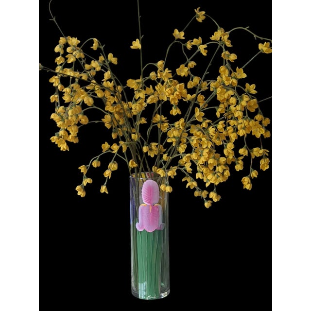 Vintage Original Hand Painted Botanical Iris Flower Glass Vase Signed For Sale - Image 4 of 17