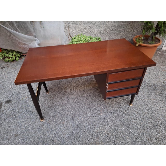 Mid-Century Modern Desk in Wood and Brass with Chest of Drawers from Schirolli Mantova, 1950s For Sale - Image 3 of 9