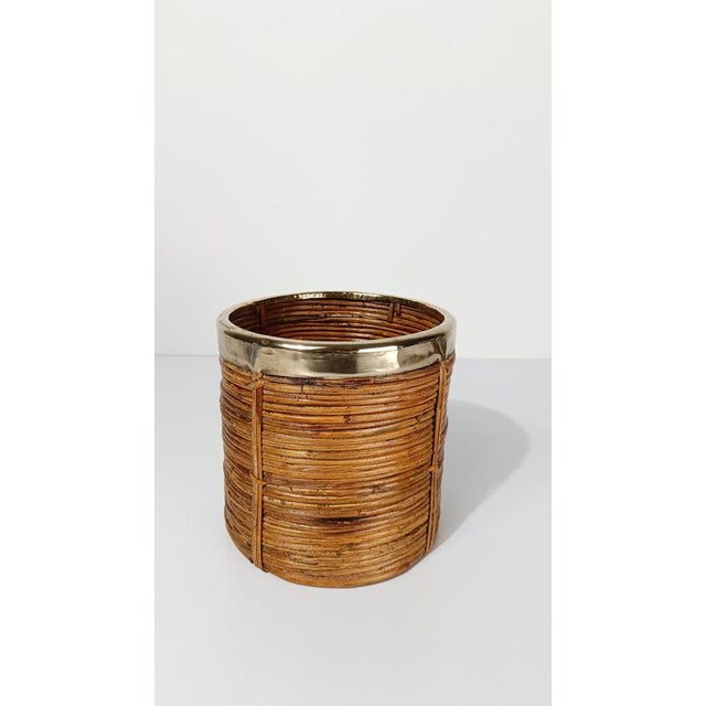 Brown Italian Cachepot Basket in Hand-Woven Pencil Reed Rattan and Brass, 1970s For Sale - Image 8 of 18